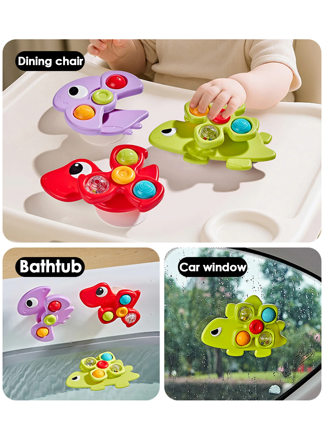Dinosaur Suction Cups Spinning Top Toy For Baby Game Infant Teether Relief Stress Educational Rotating Rattle Bath Toys For Kids