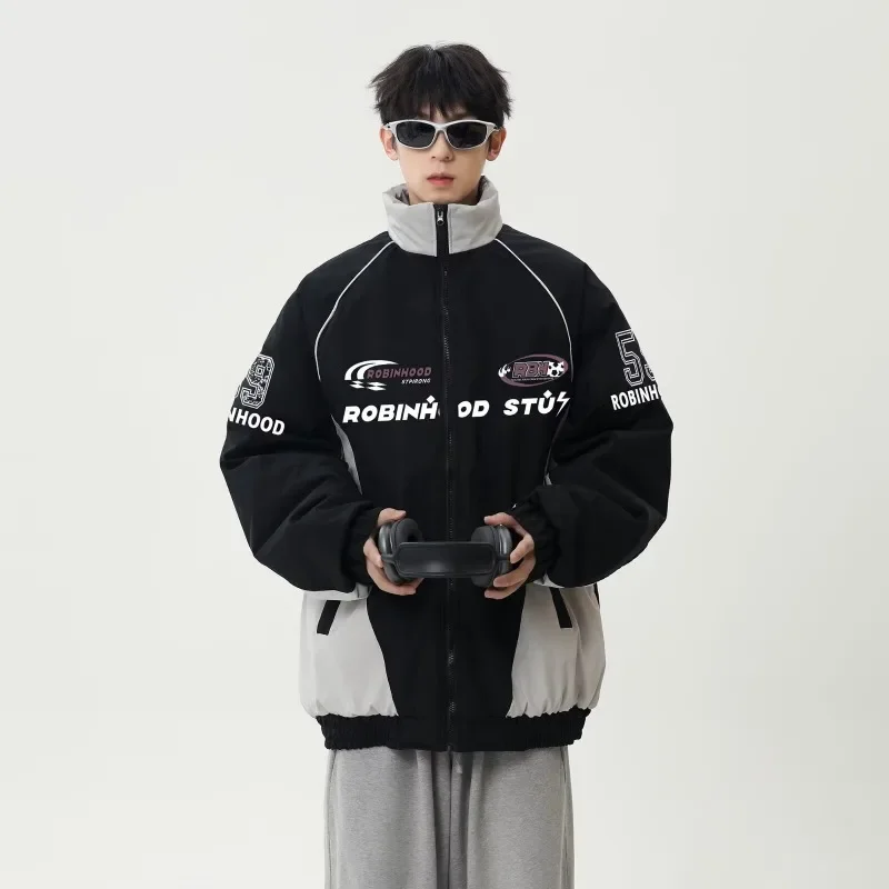 

Новый стиль мотоциклетная куртка унисекс в американском стиле ретро контрастного цвета с воротником-стойкой мужская повседневная хлопковая куртка свободного покроя зимняя