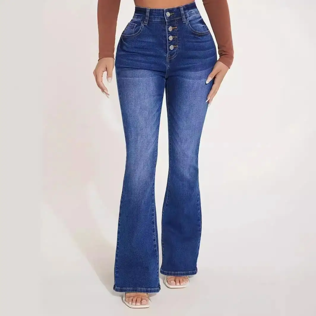 

High Waist Stretchy Micro Flared Denim Jeans Women's Long Trousers Multiple Buttons Spring 2025 New Sle Quantum Entanglement