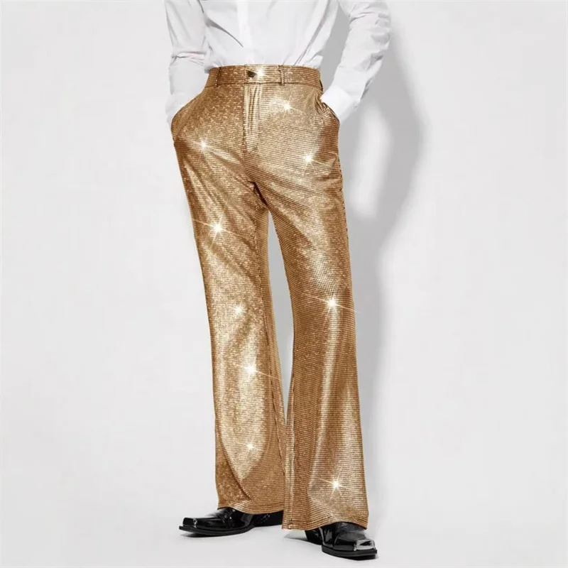 Summer New Men's Striped Grid Thin Loose Pants Gold / Silver / Blue Fashion Singer and Dancer Stage Performance Dress Trousers