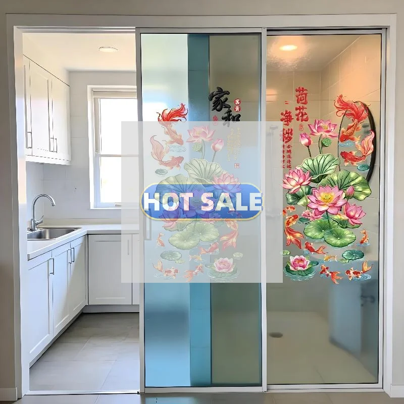 2Pcs Anti-static Flower Koi Sticker Chinese Style Golden Lotus Wall Sticker 3D Effect Decorative Sticker