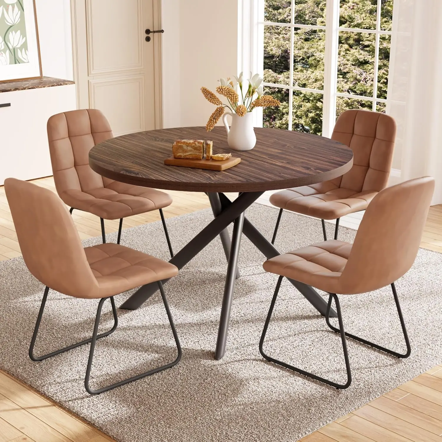 

45.3 Inch Round Dining Table Set for 4, Mid Century Modern Small Coffee Set for Dining Room Kitchen Apartment