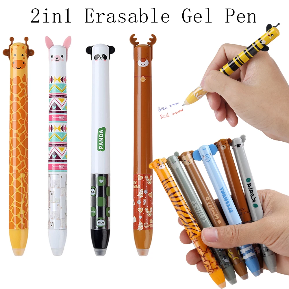 3Pcs/Set 2 in 1 New Creative Animals Erasable Gel Pens Lion Panda 0.5mm 0.5mm Blue Red Refill Two-Color Side Press Erasable Pen