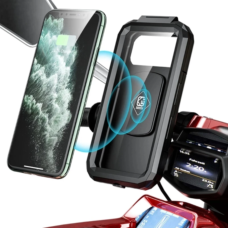 Waterproof Case 12V Motorcycle Handlebar or Rear-View Mirror Wireless Charger 15W Qi/ Type C PD Fast Charging Phone Mount Holder