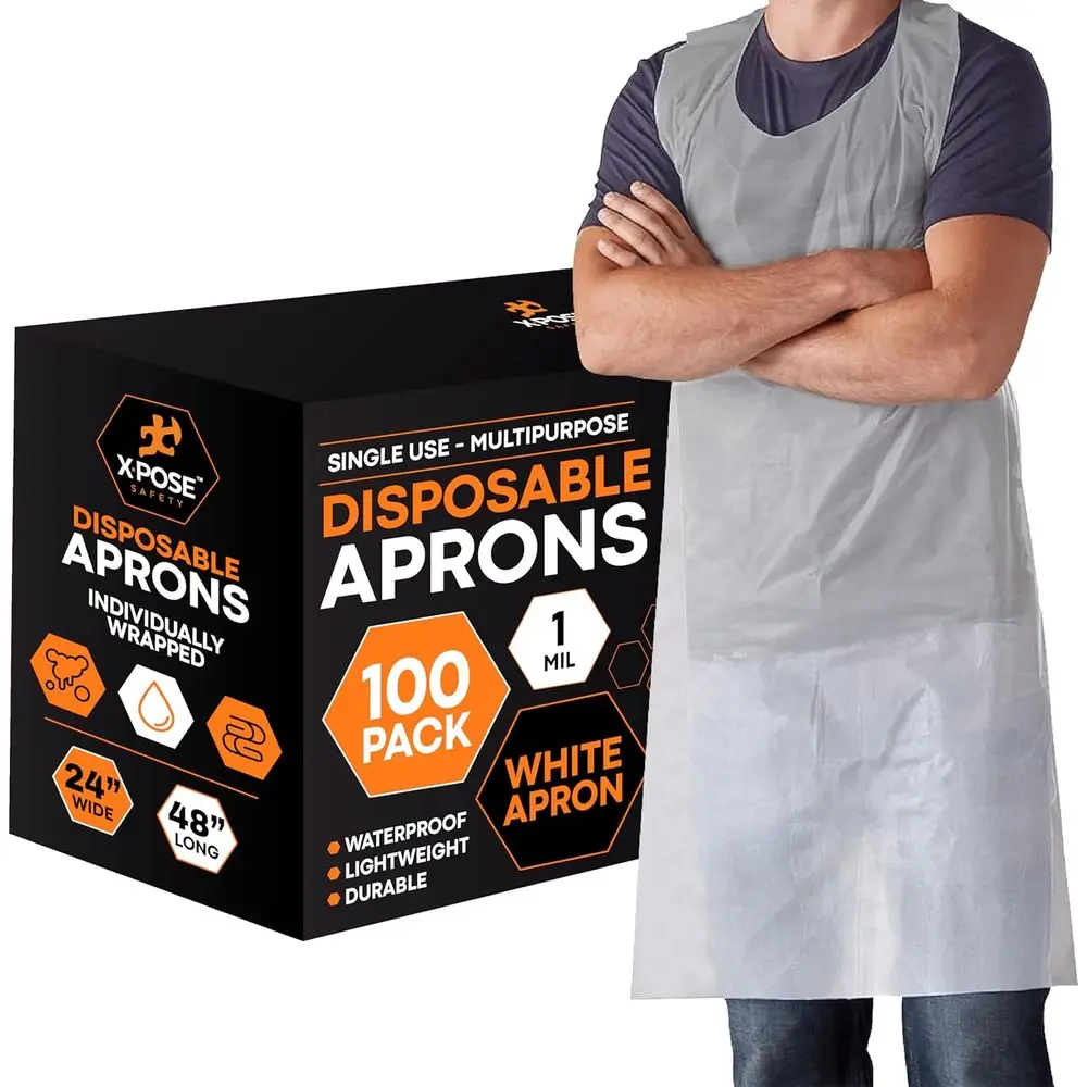 

Xpose Saety 100 White Plastic Disposable Aprons or Cooking & more Individually Packaged, Durable 1 Mil Waterproo Polyethylene 24