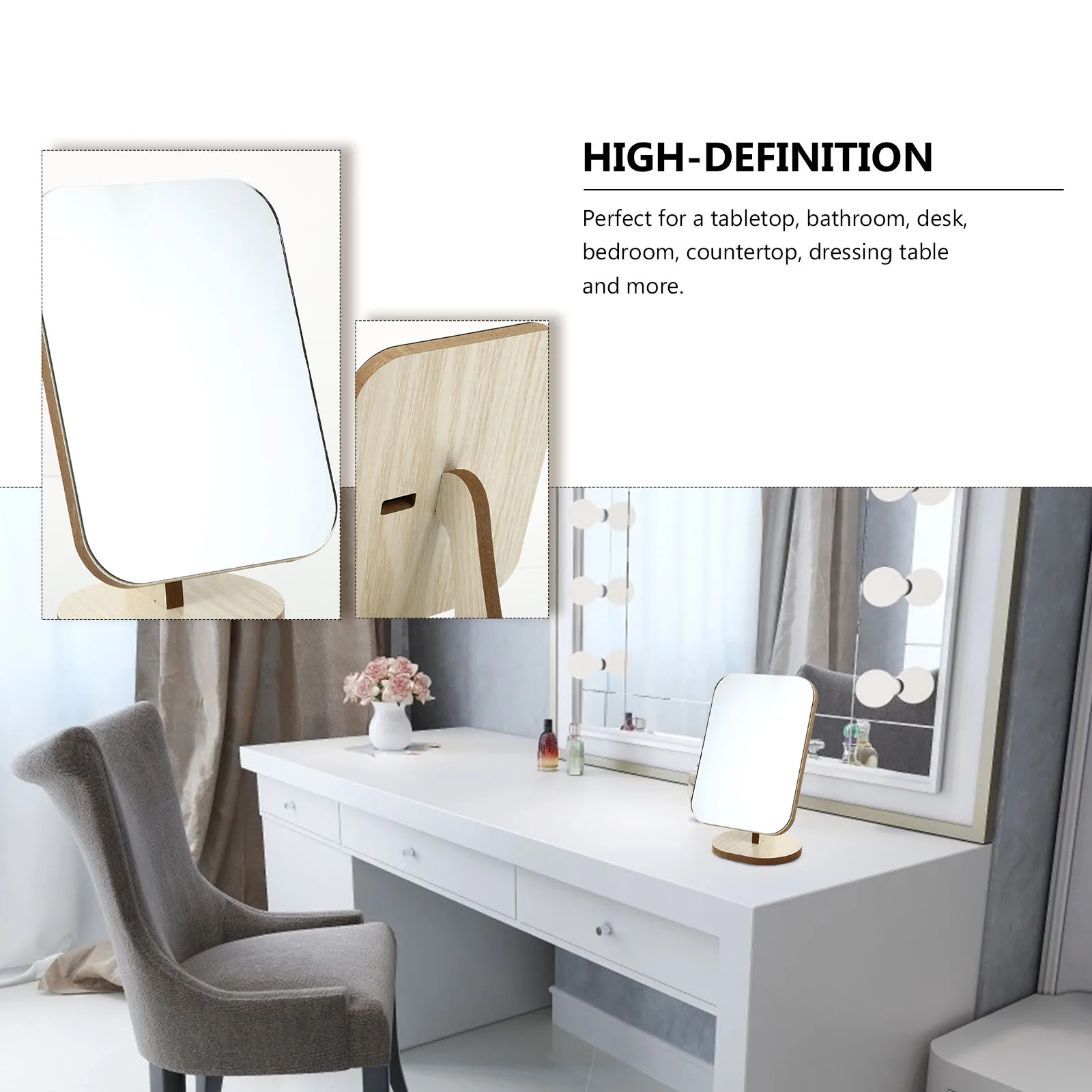 

1Pcs Wooden Rotatable Makeup Mirror Portable Tabletop Movable Mirror Smooth High Definition Clear Reflection
