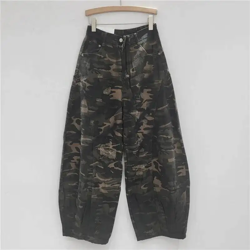 HKSH Spring Autumn New Women Jeans American Retro Streetwear Ripped Vintage Distressed Hip Hop Chic Wide Leg Denim Pants HK17190