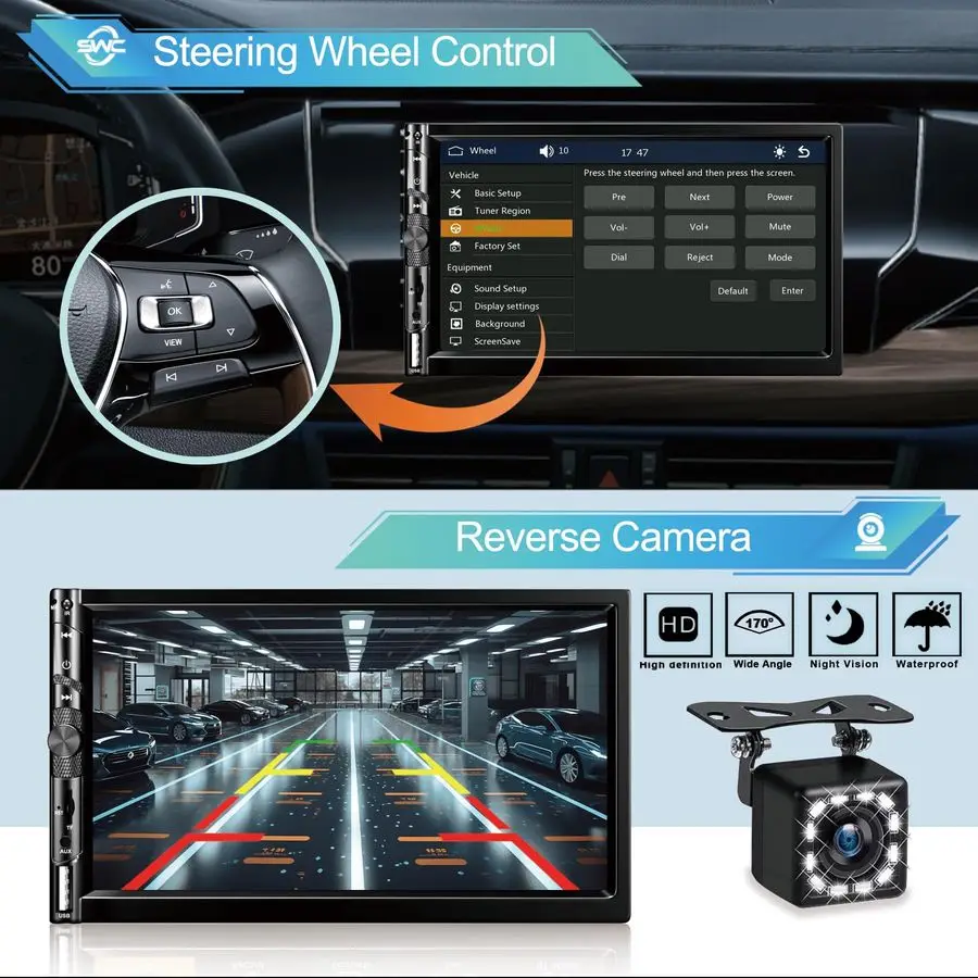 ستيريو سيارة مزدوج الدين 7 بوصة مع Apple Carplay، شاشة لمس HD 1024 600، جهاز استقبال راديو FM للسيارة مع بلوتوث 5.1 بدون استخدام اليدين، نظام تحديد المواقع #5