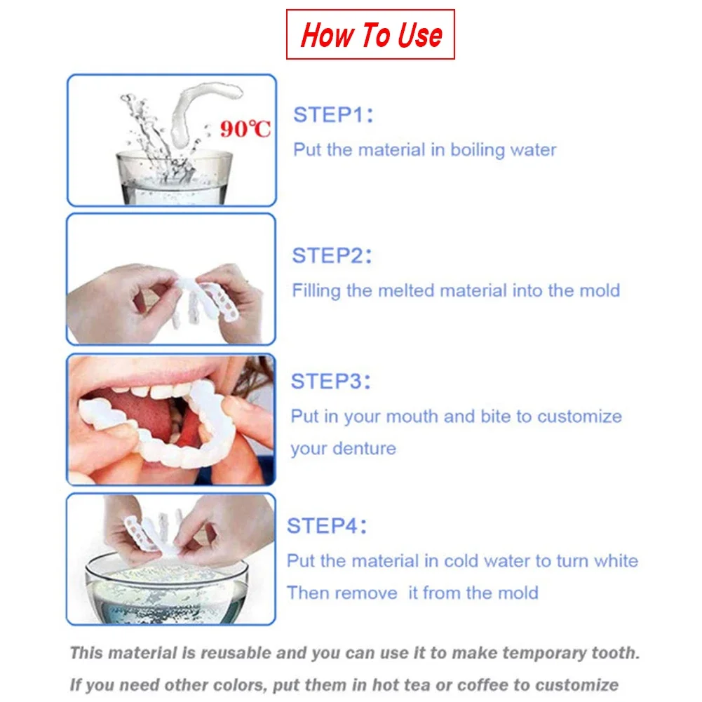 Dientes postizos de ajuste cómodo temporal superior e inferior, dentadura falsa, carillas de sonrisa, cubierta de soporte con Gel de pegamento de