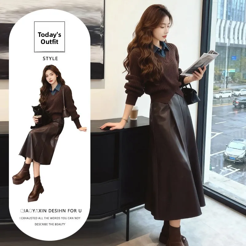 

Hong Kong Style Elegant Neck Knitted Sweater High Waist Skirt Set for Young Women Trendy Casual Chic Outfit