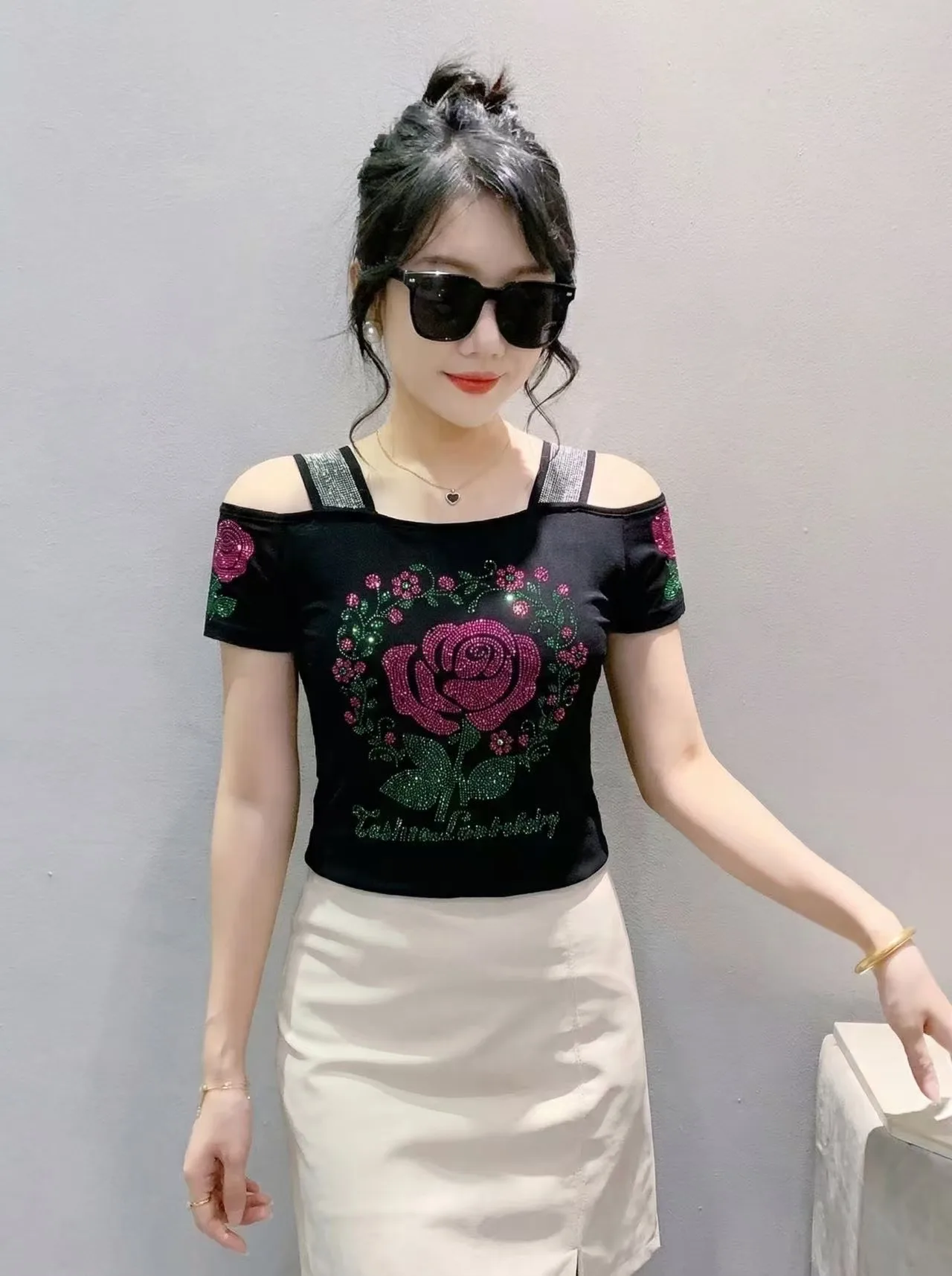 New Designer Hot Diamond Mesh T-Shirt Women Korean Style Sexy Off Shoulder Slim Tee Summer Casual Streetwear Tops