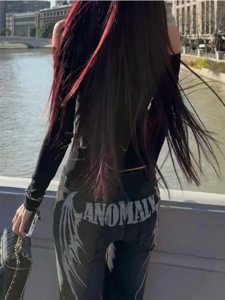 Pantalones vaqueros negros Retro Y2k de verano para mujer, pantalones ajustados de estilo Sexy con estampado bordado de Hip Hop, Pantalones rectos de cintura baja a la moda