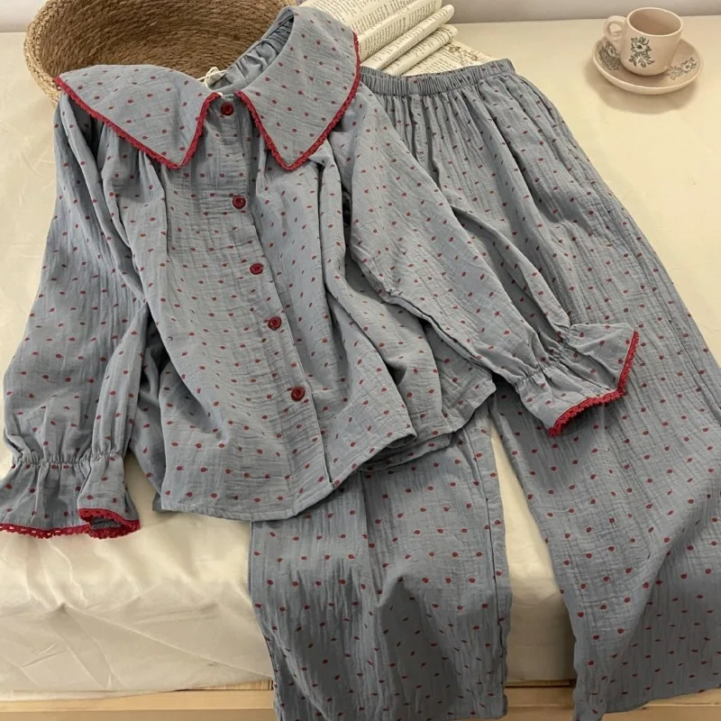 Polka Dot Sleepwear Women Pajama Sets Korean Pants Sets for Women 2 Pieces Ruffles Night Wears Autumn Ruffles Button Home Suit