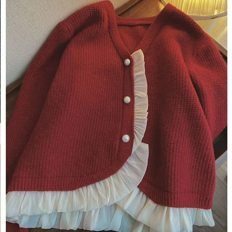 Spring New Lace Patchwork Round Neck Long Sleeved Knitted Cardigan Autumn Fashionable Commuting Casual Versatile Top Coat