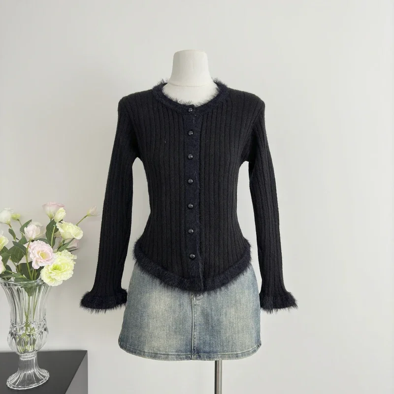 女性用長袖ラウンドネックニットカーディガン,キュートでトレンディな女の子用パッチワークセーター,スリムな婦人服,秋冬ファッション