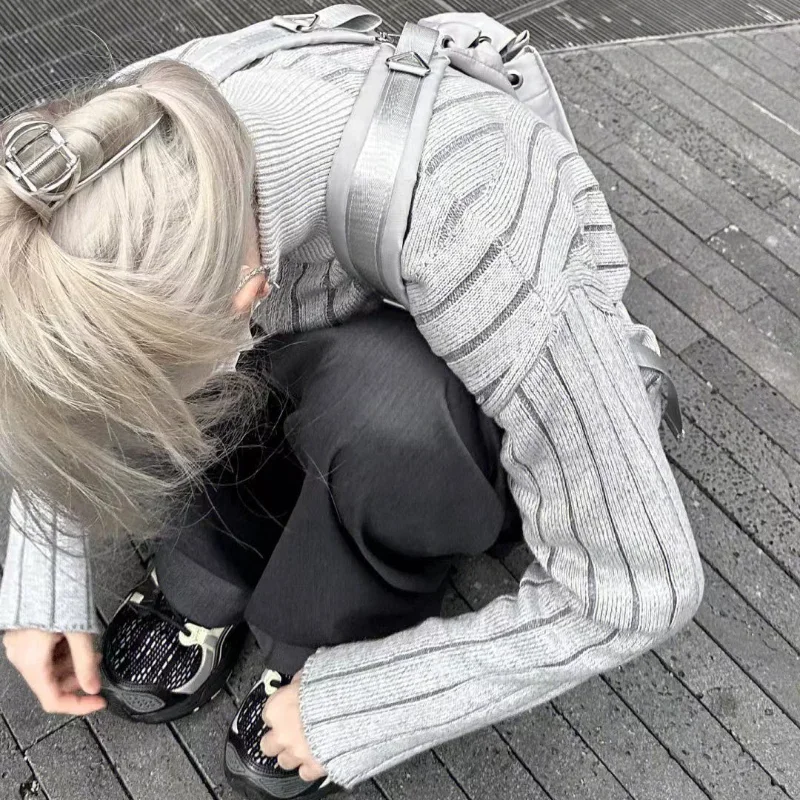 Deeptowm Gray Striped Y2K Women Sweater Vintage Turtleneck Korean Fashion Zipper Knit Cardigan Harajuku Autumn Slim Preppy Style