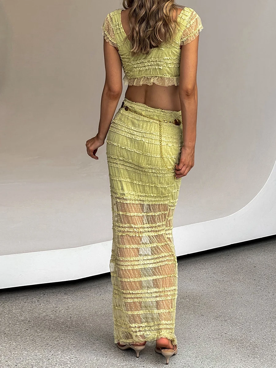 Women's Summer 2Pcs Outfits Cap Sleeve Square Neck Front Tie-up Crop Tops + High Waist Long Skirt Set Party Clothes