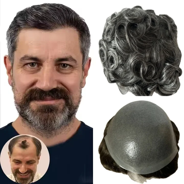 

Super Durable Natural Hairline Men Toupee Gray Black Hair Thin Skin Pu Human Hair Wigs Microskin Capillary Prosthesis 6 Inches