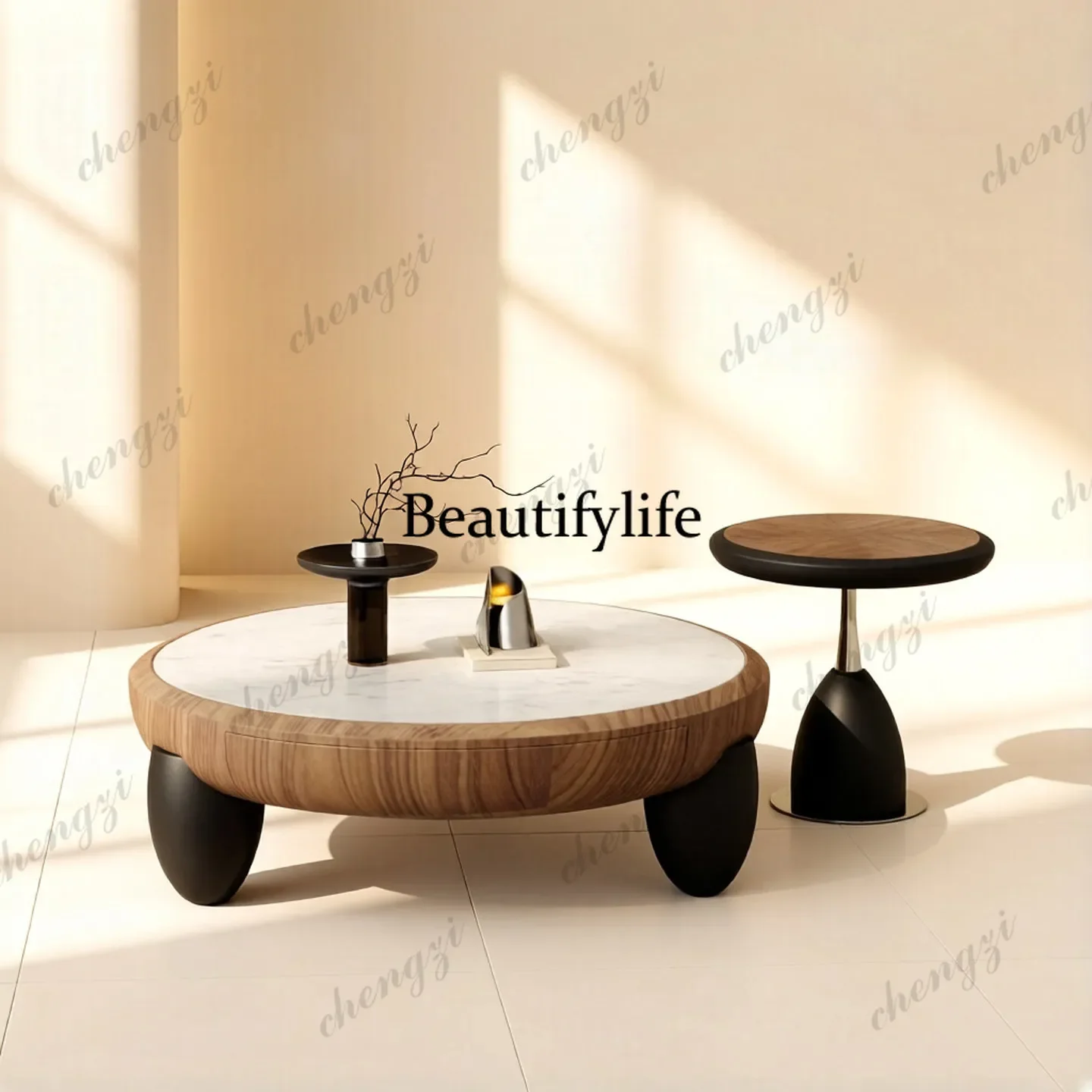 Beautiful Medieval style round coffee table combination Italian minimalist living room household high-end natural luxury stone t