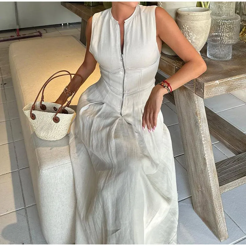 

2024 New Sleeveless Long Dress Summer V Neck Pleated White Loose Women's Female Vacation Maxi Dress Retro Chic Street Fashion