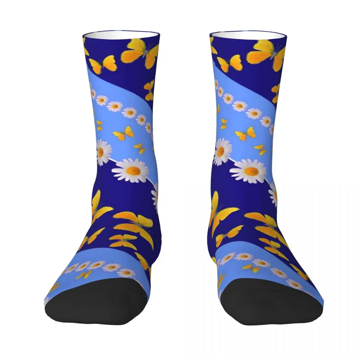 White Daisies Print Socks Diagonal Stripes Korean Stockings Men's Warm Soft Outdoor Sports Socks Spring Design Non Slip Socks