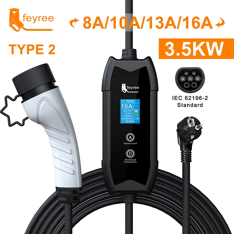 feyree EV Portable Charger Type2 16A 3.5KW 1Phase 3.5m Cable GB/T Charger Type1 Plug Charging Station for Electric Vehicle Car