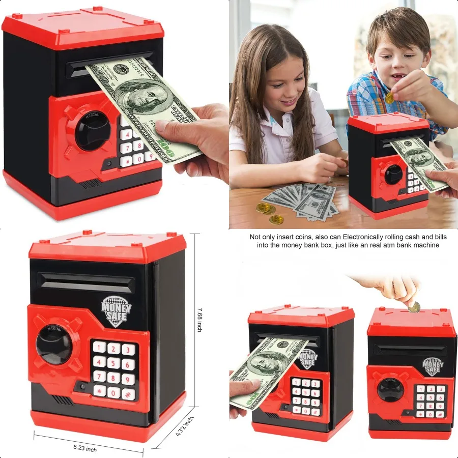 علبة نقود معدنية إلكترونية بكلمة مرور ATM من Piggy Bank يمكن التمرير التلقائي على صندوق توفير المال الورقي هدية باللون الأحمر