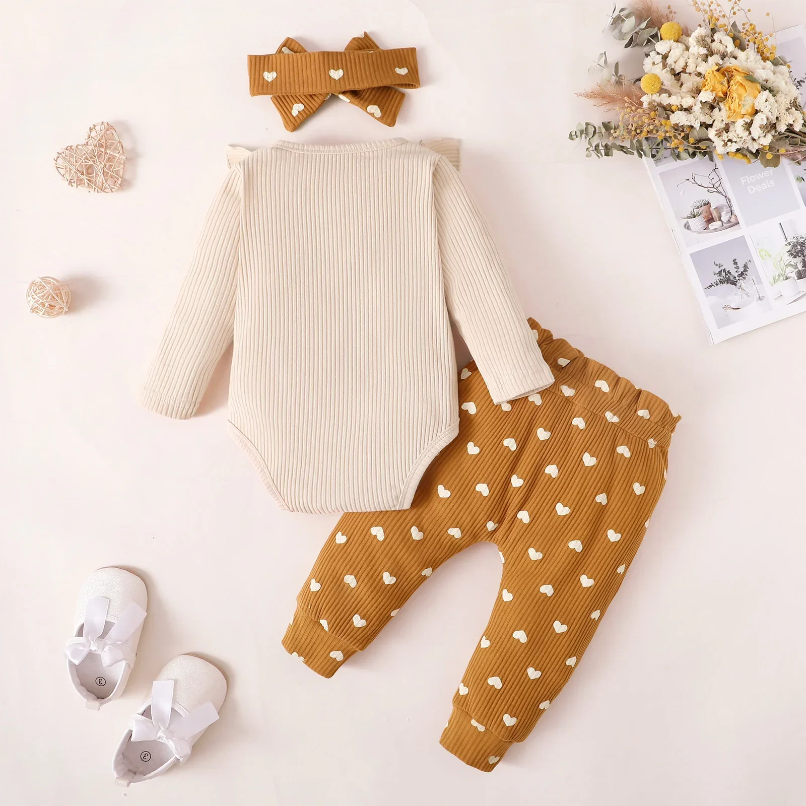 Toddler Newborn Baby Girl Clothes Set Long Sleeve Knitting Top Bodysuit Printed Love Heart Pants Headband Outfit