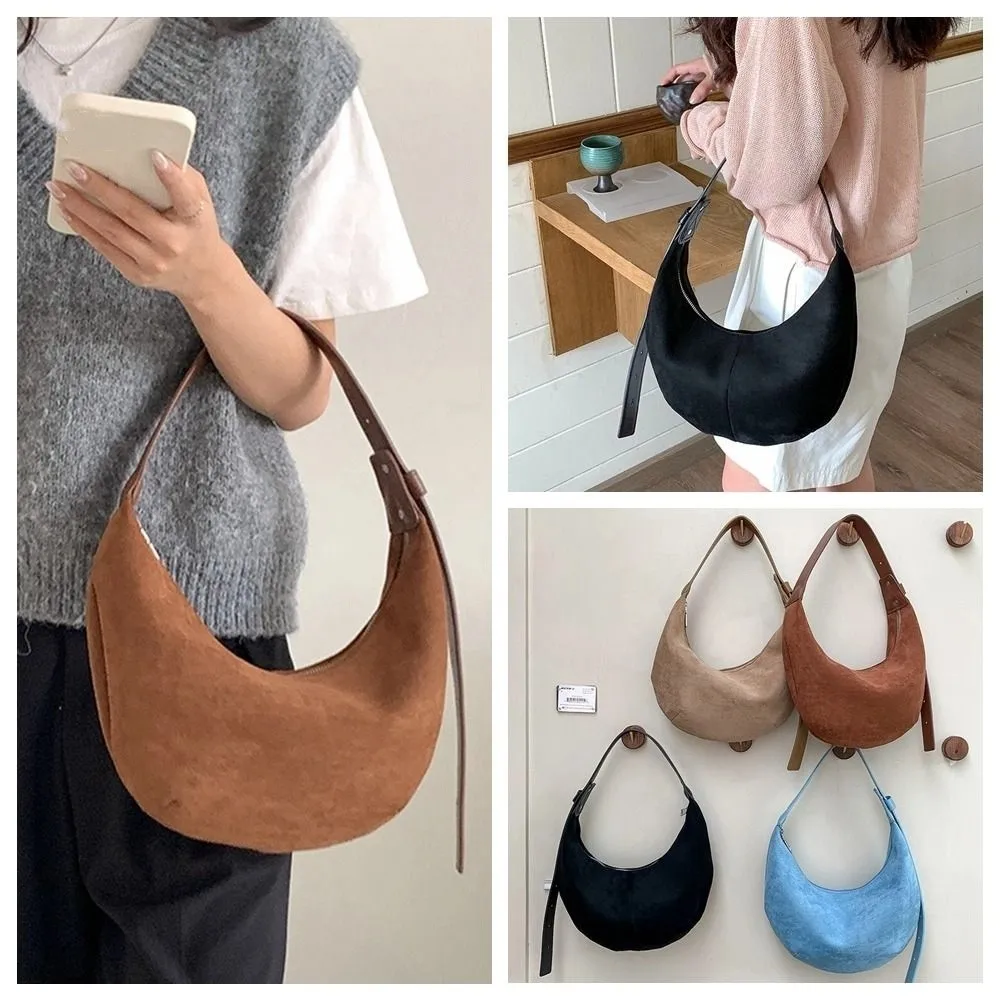 

Sweet Korean Style Suede Shoulder Bag Retro Solid Color Brown Handbag Large Capacity Maillard Style Crescent Bag Office Worker