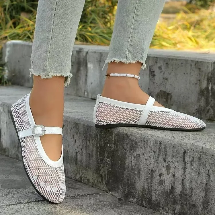 2026 summer new round head fish grid hollow ballet shoes fashion flat single shoes high sense