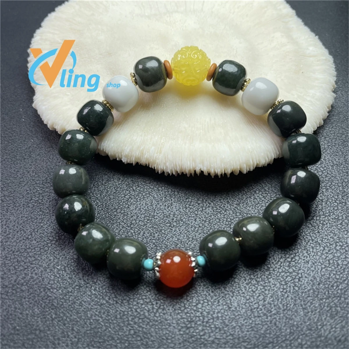 Xinjiang Hotan Jade Bracelet with Honey Wax Blossom DIY Blue Jade Old Shape Duobao and Tian Green Jade Bracelet