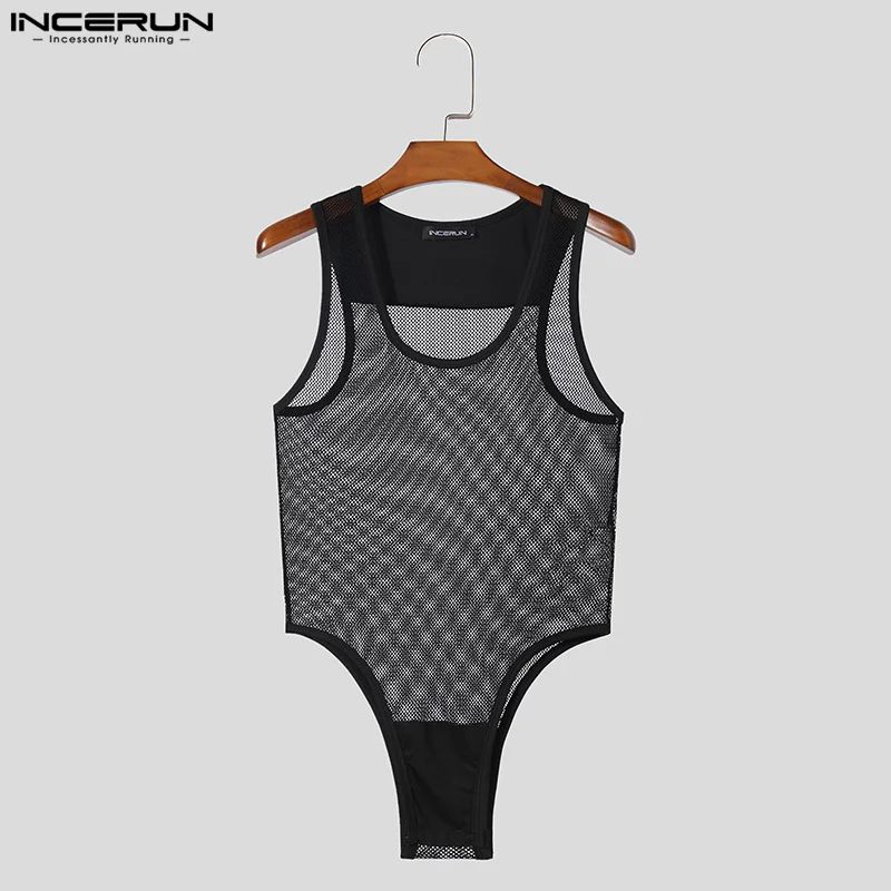 INCERUN Men Bodysuits Mesh Patchwork Transparent Sexy O-neck Sleeveless Male Bodysuit 2024 Skinny Fashion Rompers Men Underwear