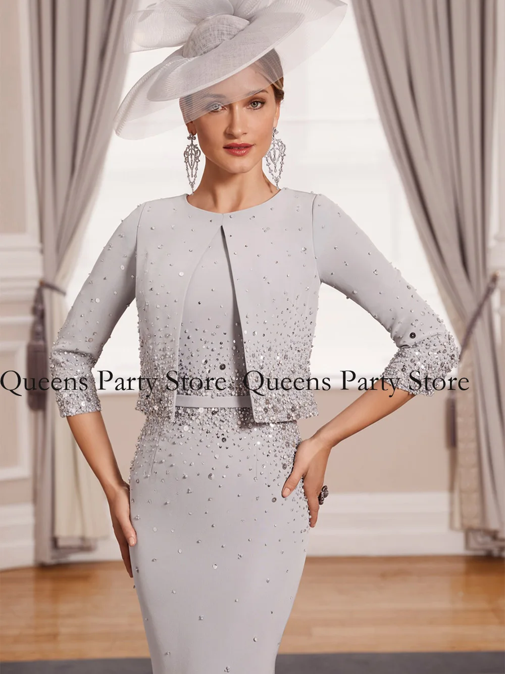 Elegant Mother of The Bride Dress with Bolero Jacket Round Neck Sparkling Beading Sequin Tea Length Sheath Wedding Guest Gown