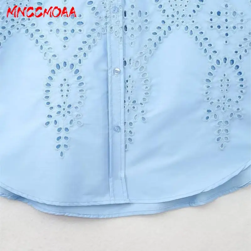 MNCCMOAA-Women\'s Embroidery Hollow Single Breasted Blouse Casual Blue Tops Long Sleeve Shirt Spring Summer Fashion Female 2024