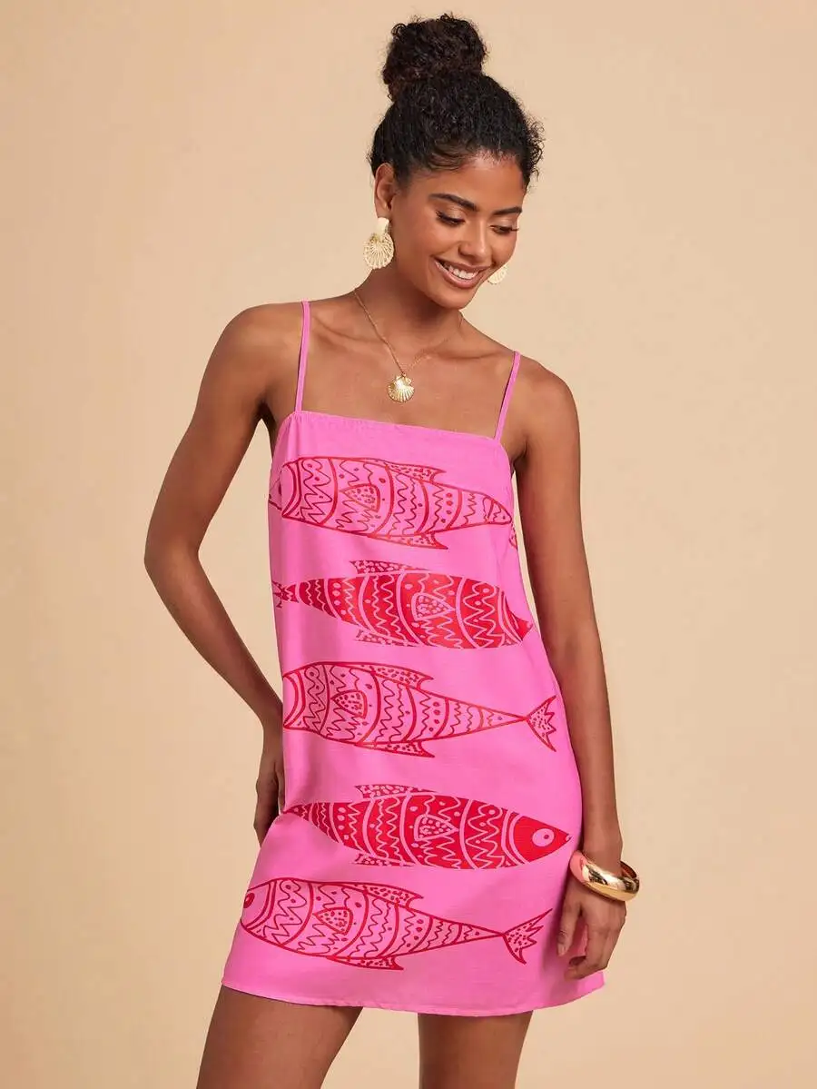 Rosafarbenes Boho-Minikleid mit Fischdruck für Damen, ärmelloses Sommer-Strandurlaub-Outfit