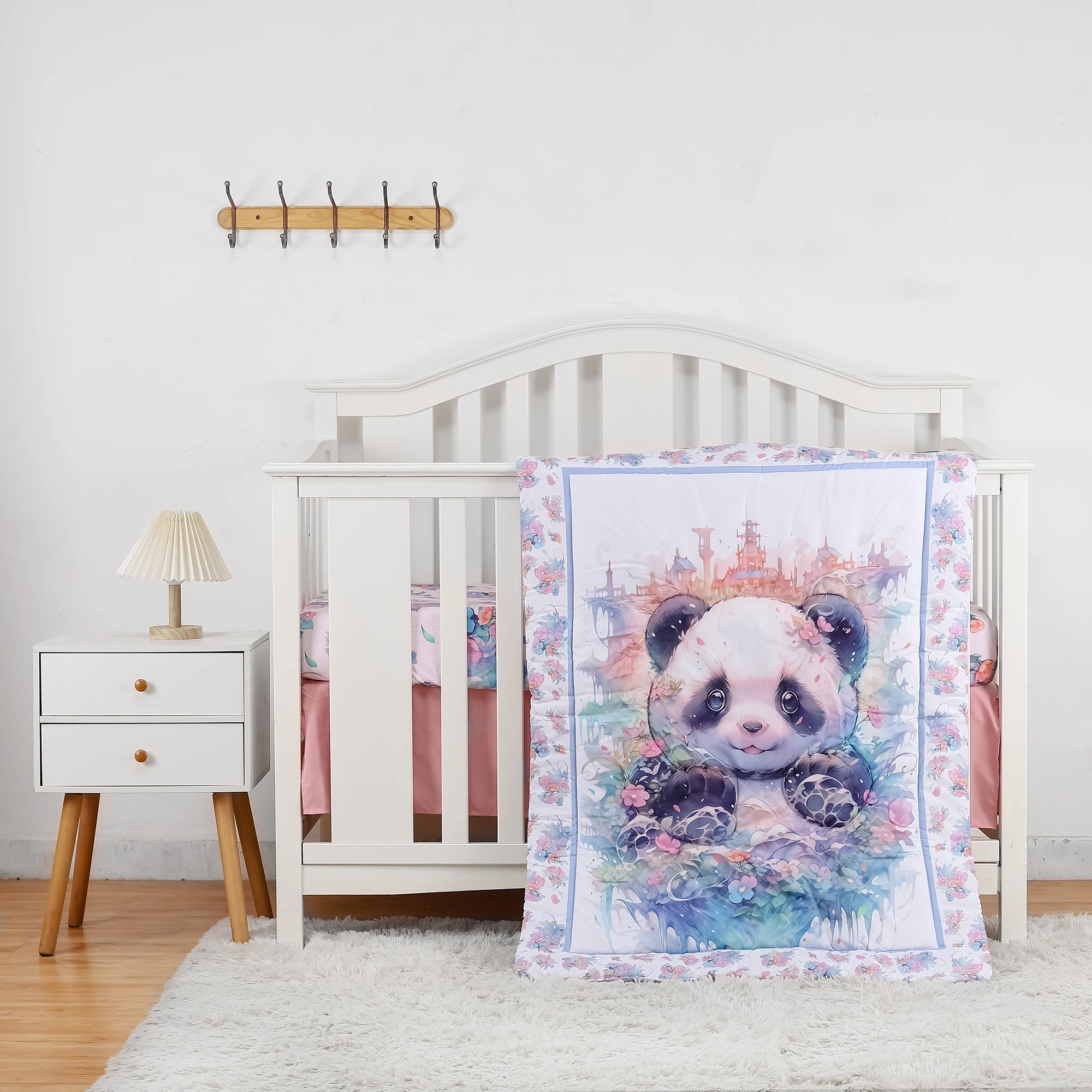3pcs micro fiber brushed Baby Crib Bedding Set Chinese Panda design for Girls hot sale including quilt, crib sheet, crib skirt