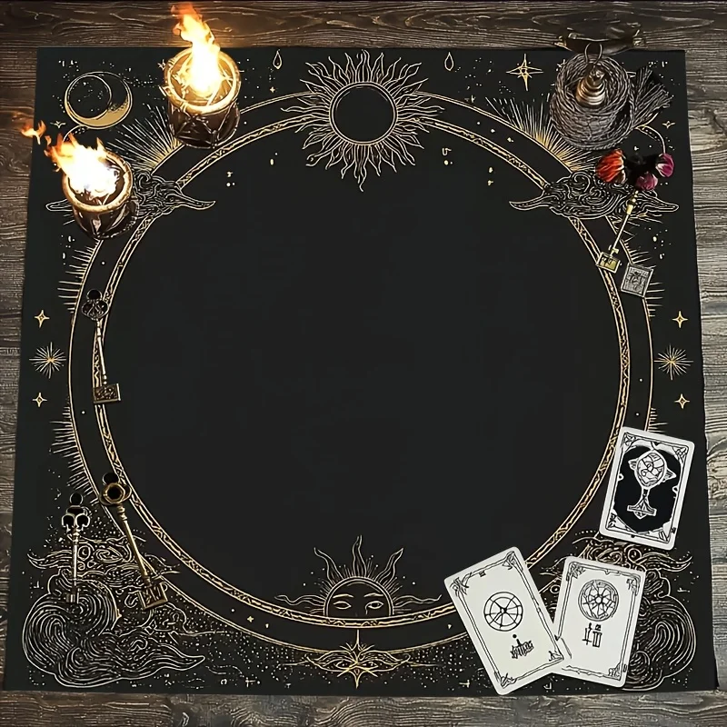 VIKAMA Black Gold Sun Moon Sky Ring Tarot Card Tablecloth Eastern Cloud Pattern Leave White Altar Cloth Layout Divination Mat