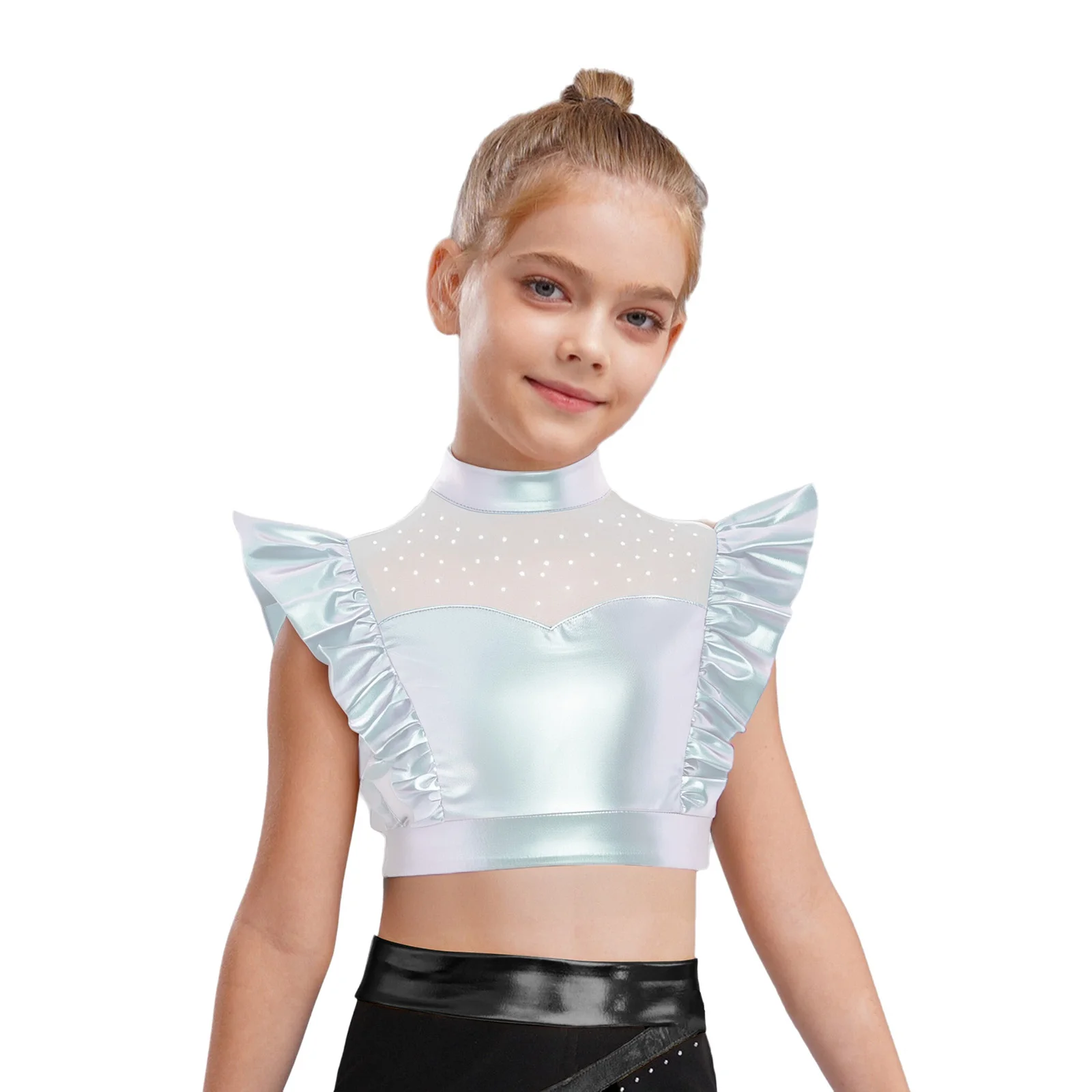 Kids Girls Metallic Jazz Dance Tank Tops Rhinestone Mesh Sleeveless Ruffle Crop Tops Competition Performance Street Dancewear