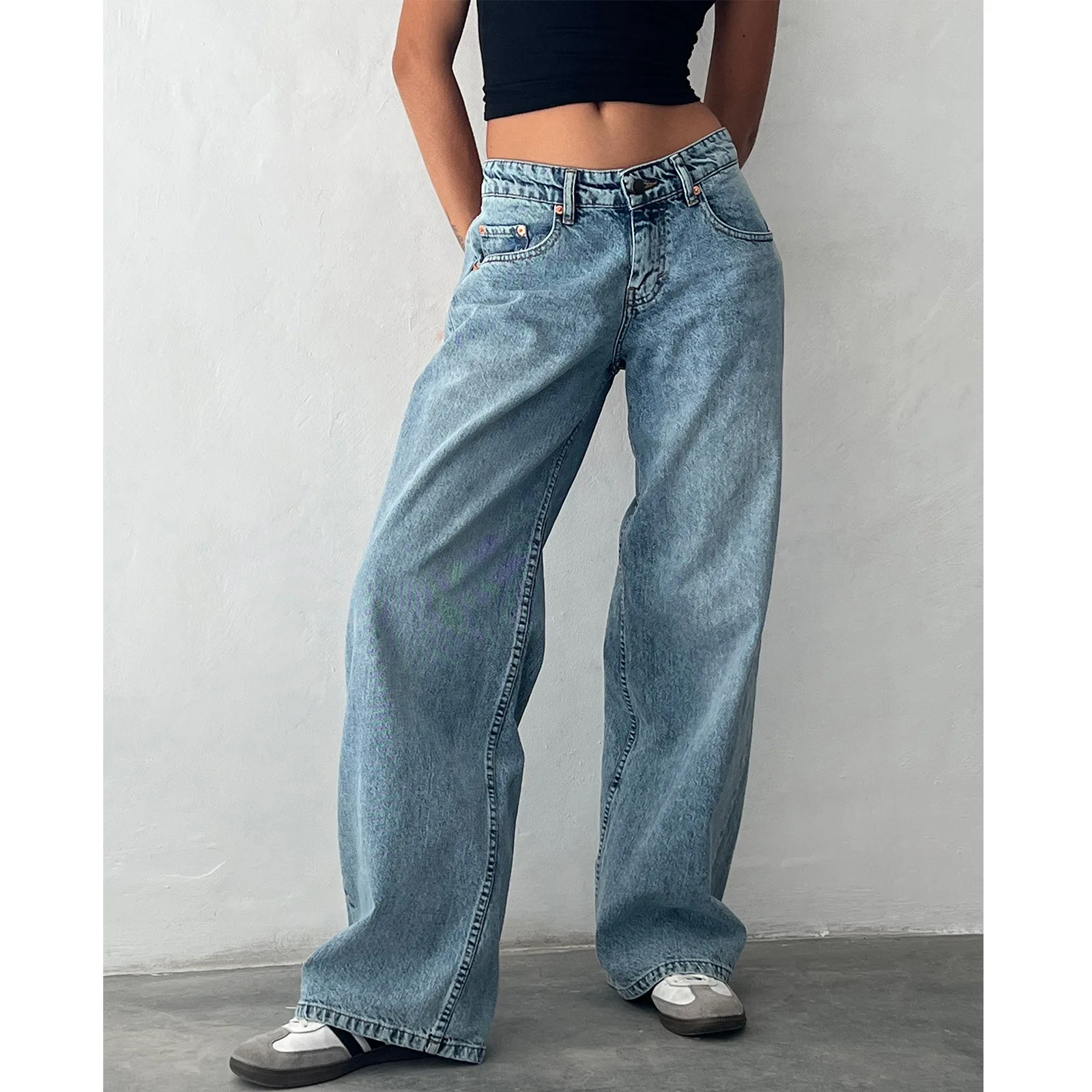 

Spring and Autumn Solid Color Loose Jeans Women's Low-rise Wide-leg Pants Multi-Pocket Street Style Washed Jeans American Retro