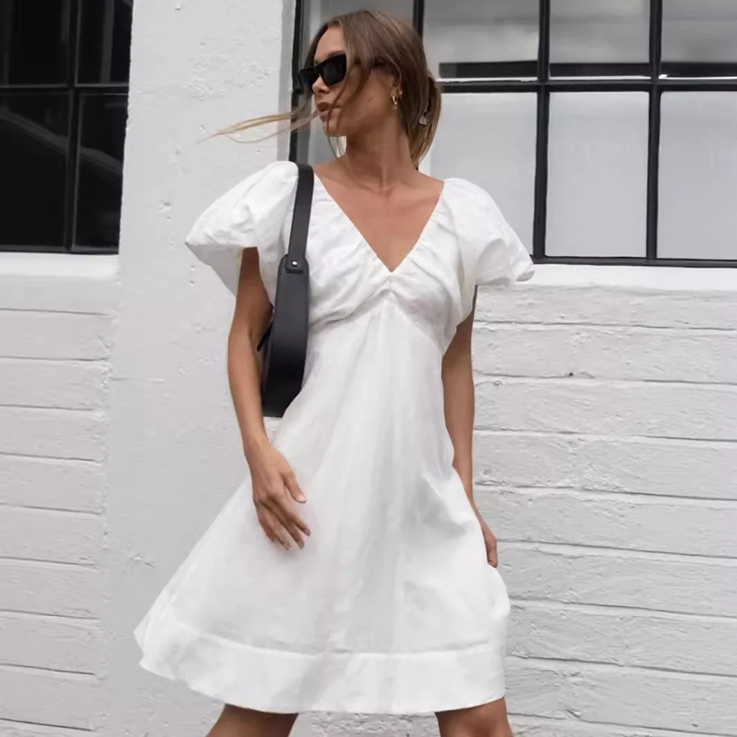 

Cotton and Linen V-neck Bubble Sleeve Lace-up Womens Dress Spring and Summer New Wild Solid White Dresses for Women