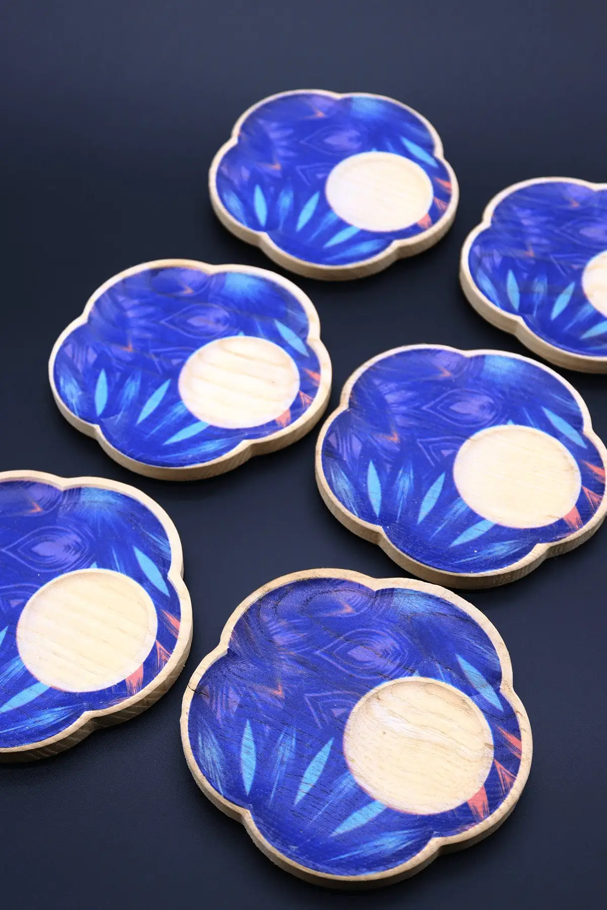 6 PCs Ash Tea Plate Blue Pattern Presentation Kitchen Equipment Service Tableware Natural Wood Print