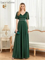 Lucyinlove Elegant Short Sleeves Evening Dresses Luxury Women V-Neck Floor Lenght Shinning Slit Wedding Party Bridesmaid Gowns