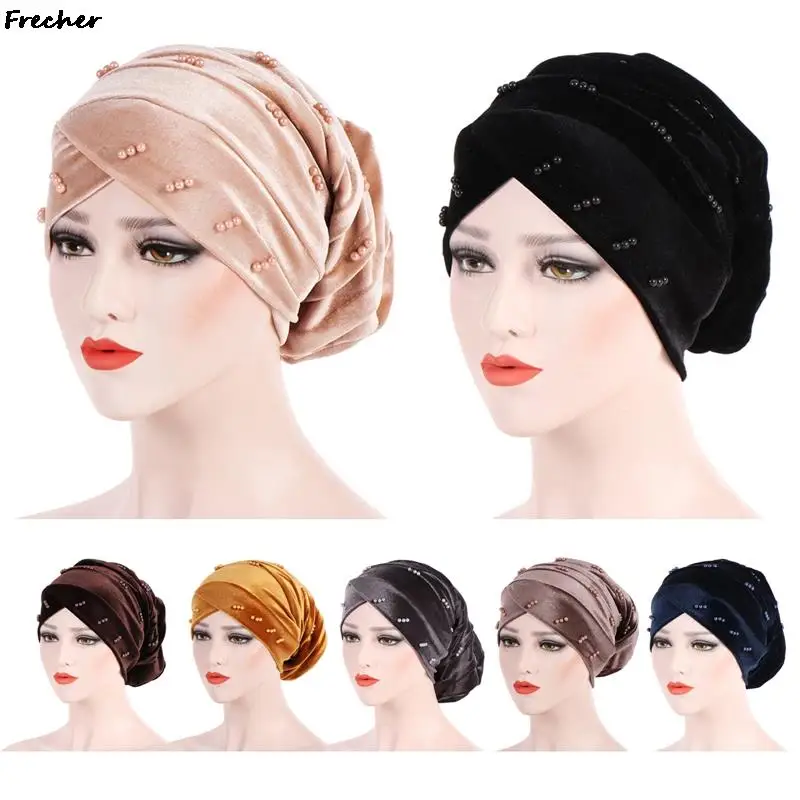 Winter Women Velvet Stretch Baggy Hat Pearl Beaded Turban Hats Muslim Head Scarf Wrap Fashion Wedding Party Caps Hijab Headwrap