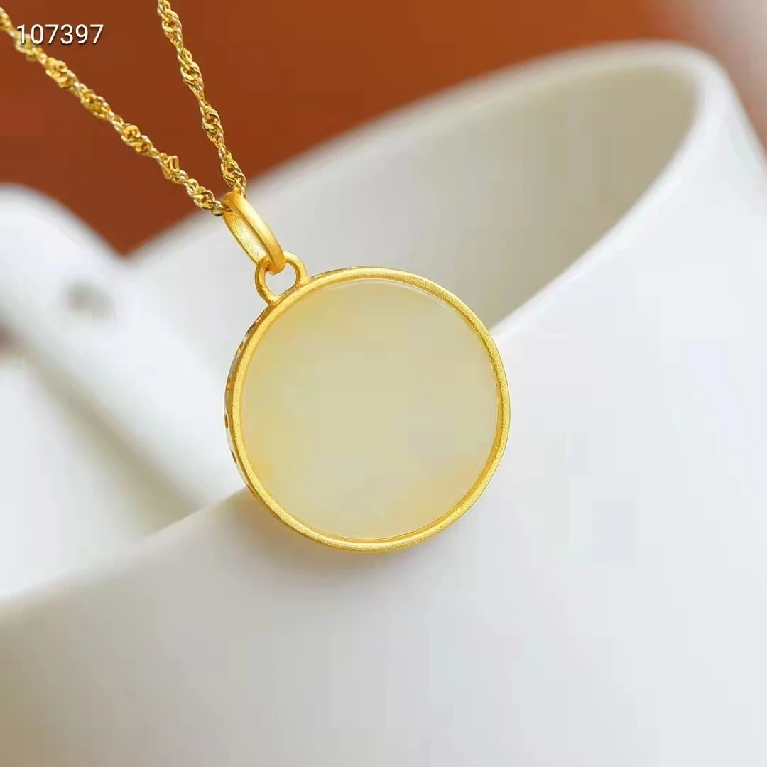 Nice Golden 925 Silver Inlaid Hetian Jade Round Tree Pendant Lucky Amulet Bring Wealth Talisman Hanging With S925 Necklace