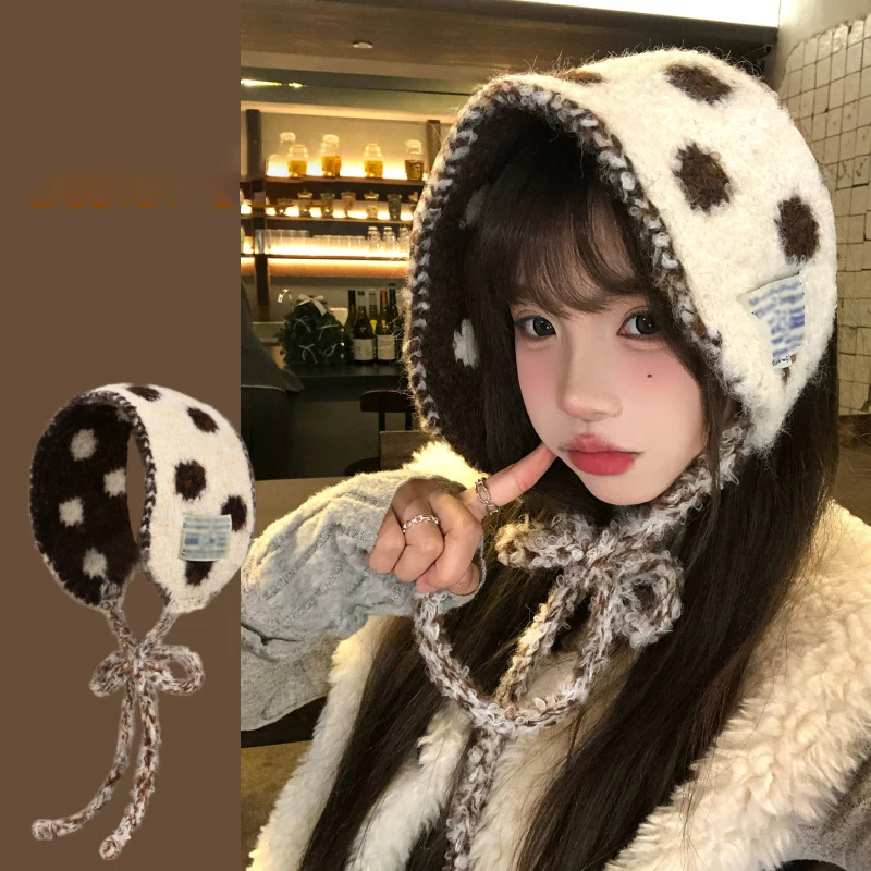 Women Polka Dot Fuzzy Plush 3in1 Ear Warmer Tie Adjustable Multi‑Use As Earmuff Headband Neck Scarf Girl Winter Daily Accessory