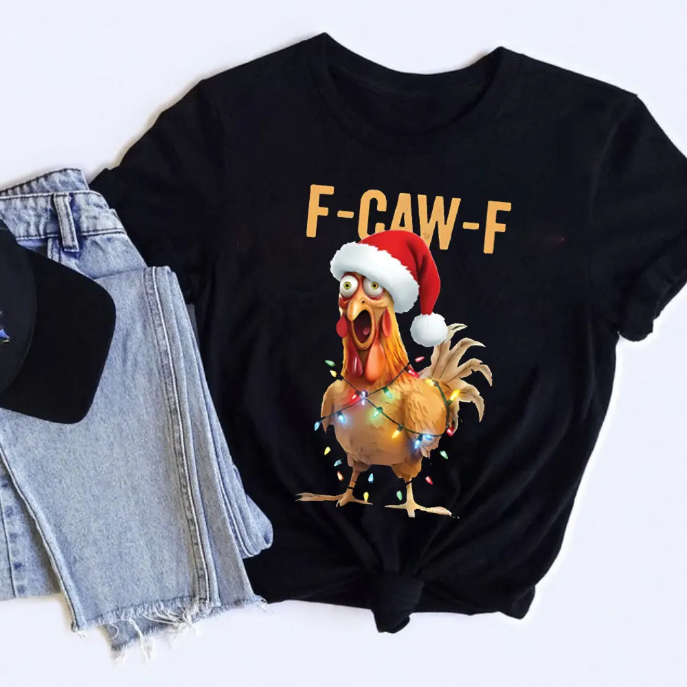 

Funny Christmas Rooster Men'S T-Shirt Black Short Sleeve with "F-CAW-F" Text & Rooster in Santa Hat with Lights Festive Clothing