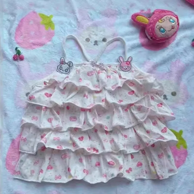 

Bunny Bow Tops&Tees Y2K Japanese Korea Kawaii Strap Children's Fun Showa Tank Top Summer Sweet Girl Splicing Strap Top Tees New