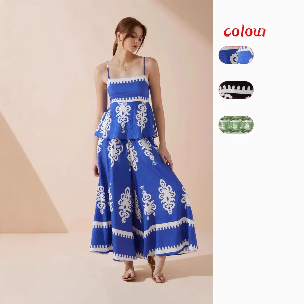 

Ele Summer Ethnic Sle Slim Fit, укороченный топ Bal и брюки с высокой талией, женский модный комплект, 25-летний трансграничный комплект