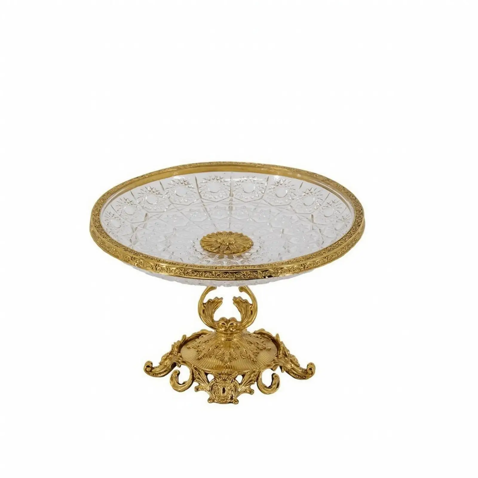 Round Glass Fruit Tray for Dining Room Centerpiece with Vintage Gold Steel Stand