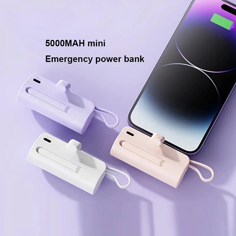 Power Bank Mini Saku, Baterai Eksternal Ringkas, Pengisi Daya Portabel 5000mAh, Baterai Cadangan untuk iPhone Samsung Xiaomi